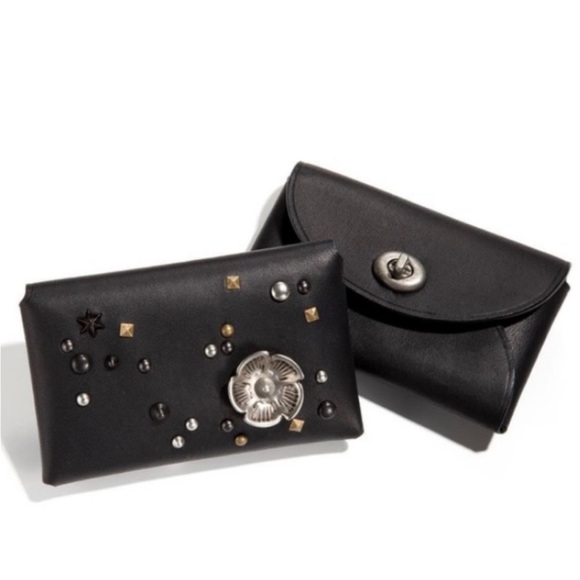 Coach Accessories - NWT Coach 1941 Turnlock Card Case Tea Rose Studs Black Glovetanned Leather